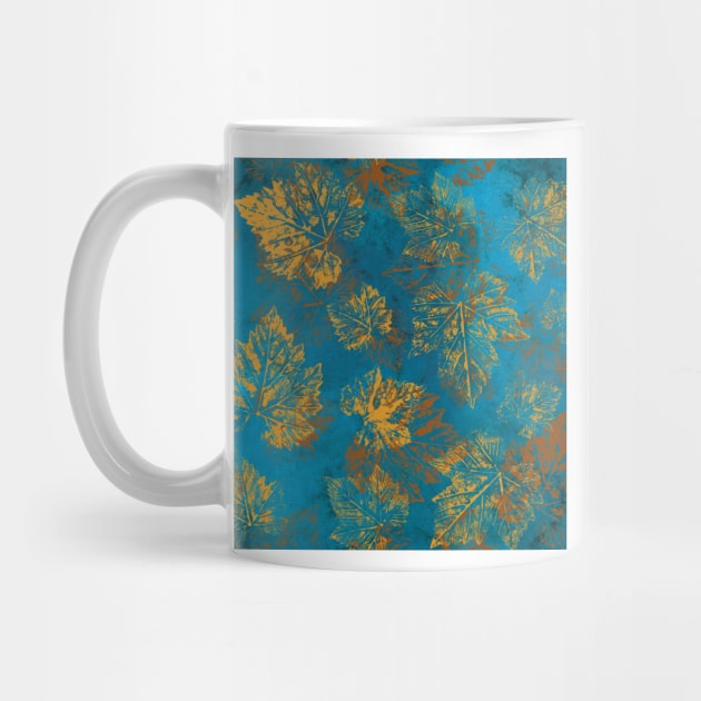 Yellow fall leaves imprints on vibrant blue background. Gold Maple leaves. Golden autumn pattern. by likapix